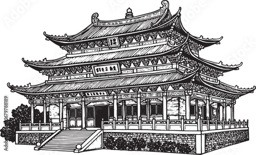 Detailed monochrome illustration of a traditional asian temple c