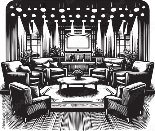 Elegant modern television studio design with armchairs and a round table for interviews