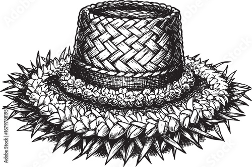 Elegant Hawaiian Lei Hat Illustration: Intricate Details in Blac