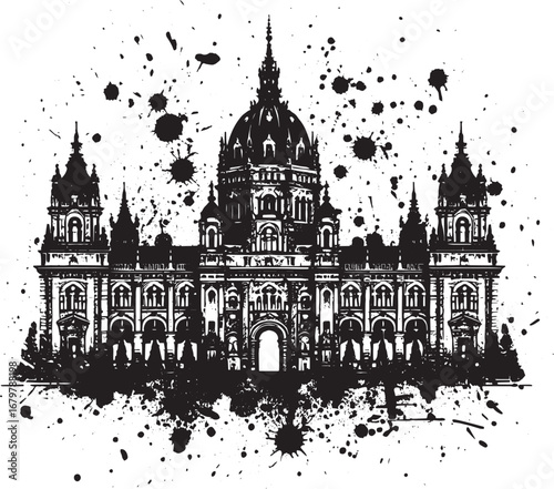 Elegant Black and White Architectural Illustration Featuring Splatter Effects and a Historical