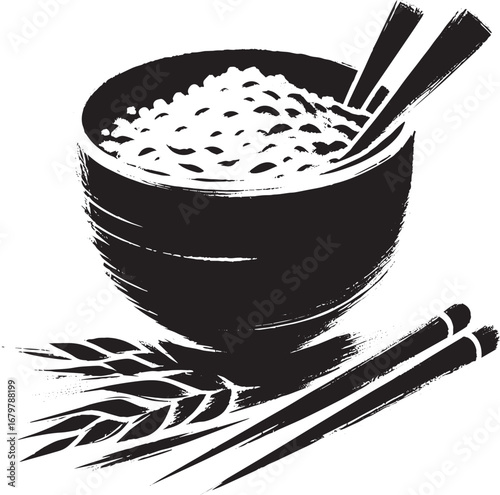 Minimalist Sumi-e Illustration of Grits with Chopsticks on a Whi