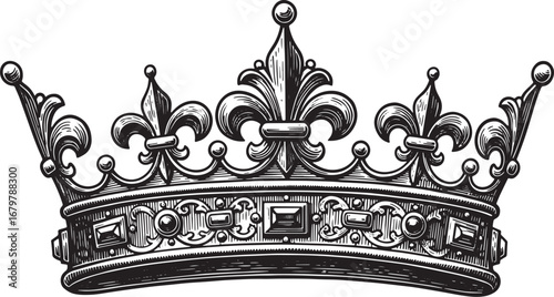Detailed woodcut drawing of a regal renaissance crown isolated o