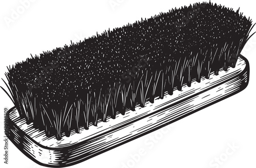 Monochrome woodcut illustration featuring a cleaning brush on a