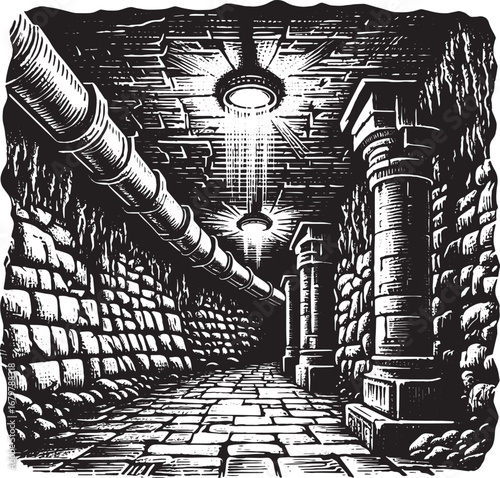 Black and white illustration of a dark, stone-walled corridor with pipes and lights