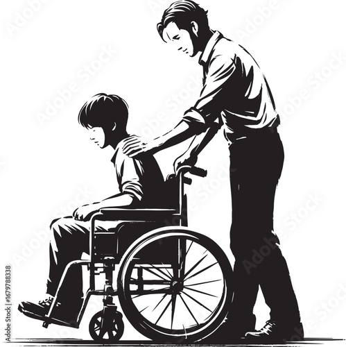 A compassionate moment: Man assisting student in wheelchair, sum