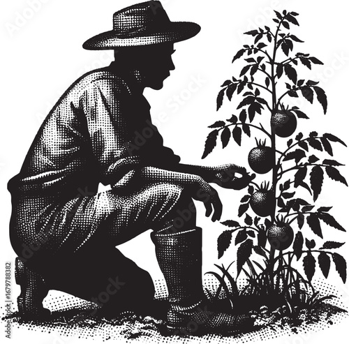 Farmer inspecting tomato plants in garden, black and white vector illustration of agriculture