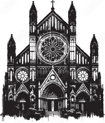 Detailed Black and White Architectural Illustration of a Gothic Cathedral, Isolated