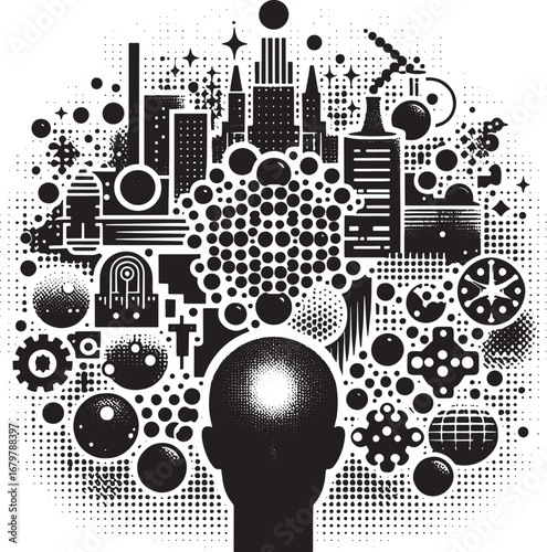 Conceptual illustration depicting thoughts, ideas, and the connection to urban environments and