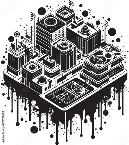 Isometric Cityscape Design Integrating Technology and Urban Elements in Black and White
