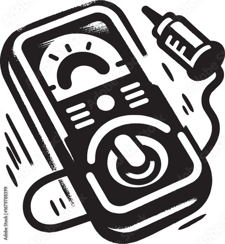 Stylized Sumi-e Icon of Toy Tester Device with Brushstroke Textu