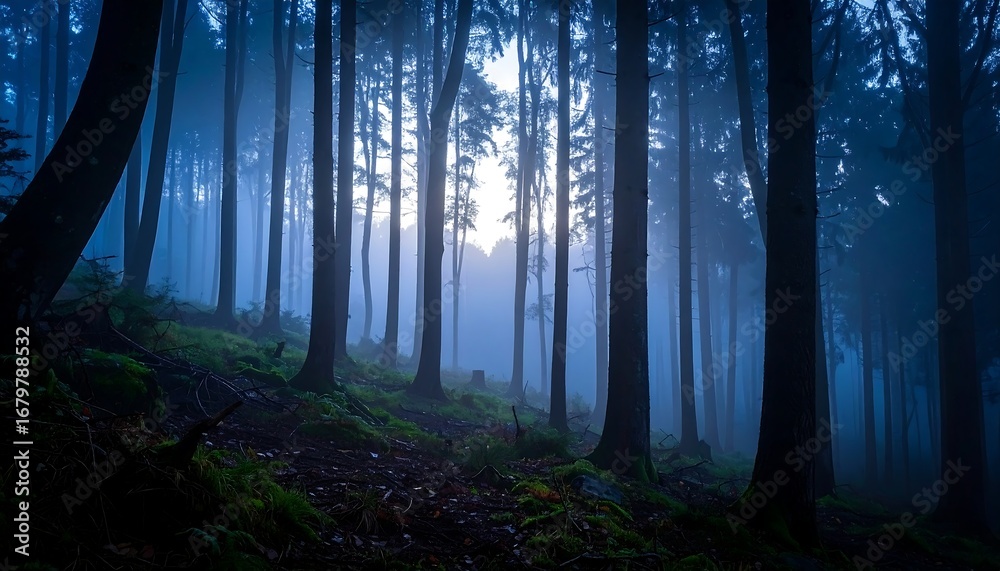 Naklejka premium A misty, bluish forest at dawn. Sunlight peeks through the trees