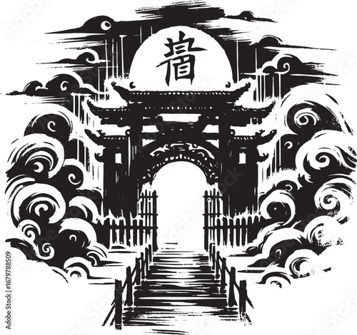 Minimalist sumi-e style illustration of an Underworld Gate with