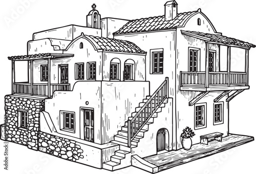 Charming Greek Island Villa: A Woodcut Style Architectural Illus