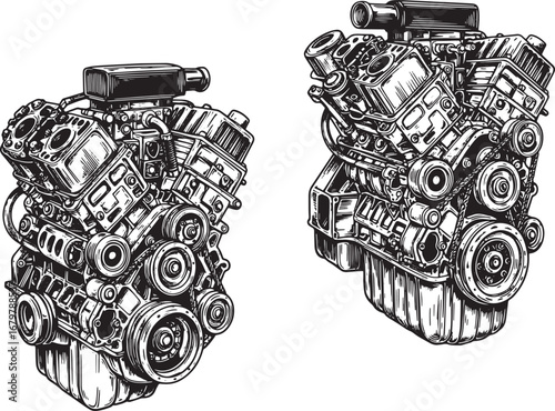 Detailed black and white illustration depicting two complex engi