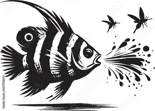 Black and White Illustration of a Fish Spitting Water at Insects with a Brush Stroke