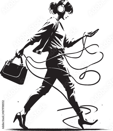 Woman's Urban Mishap: Headphone Cord Tangle in Sumi-e Style Mini