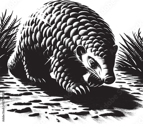 Black and White Illustration of a Pangolin in Its Natural Habitat, Monochrome Art