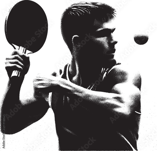 Silhouette of a Man Playing Table Tennis, Holding Paddle and Ready to Serve the Ball
