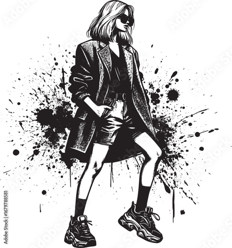 Stylish woman in streetwear, fashion illustration in a modern ink splatter design