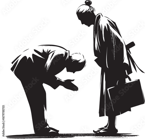 Elegant Sumi-e Depiction of Reverence: Bowing Man Before Elder i