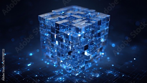 A complex, structured cube composed of smaller transparent blue cubes, showcasing intricate digital connections and a dark, glowing background.