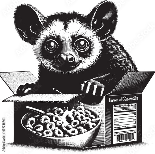 Charming Monochrome Illustration of a Bushbaby in a Cereal Box with Detailed Artwork Design
