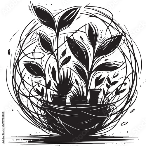 Monochrome illustration of a stylized potted plant arrangement within a circular frame design