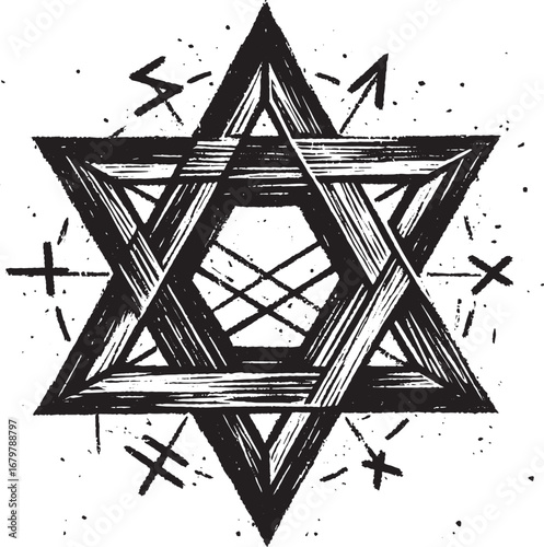 Intricate Hand-Drawn Star of David with Esoteric Symbols and Grungy Textures for Design