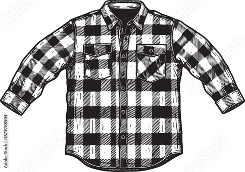 Monochrome lumberjack style shirt illustration in woodcut drawin