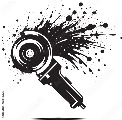 Creative illustration of an angle grinder with artistic splatter effect in black and white vector