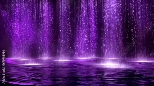 Purple rain showers fall onto a dark surface, illuminated by glowing light.