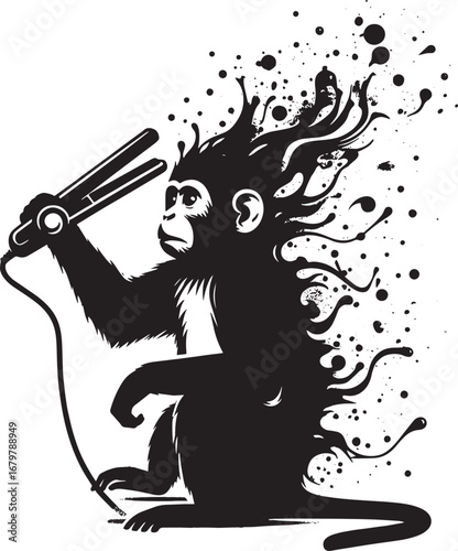 Creative Illustration of a Monkey Styling Its Hair with a Flat Iron in Black and White