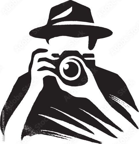 Monochrome Sumi-e Style Logo Depicting a Photographer with a Vin