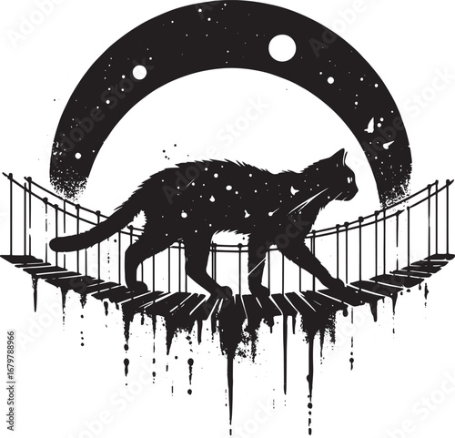 Whimsical Silhouette of a Cat Walking on a Bridge Under a Starry Night Sky Design