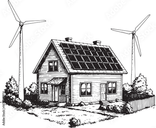 Sustainable living illustration: house with solar panels and win