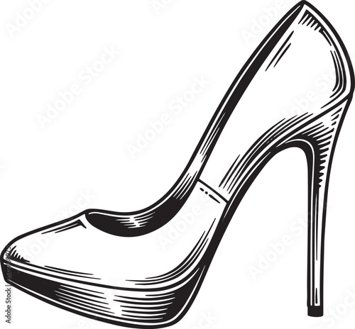 Elegant high heel shoe in detailed woodcut style, classic black