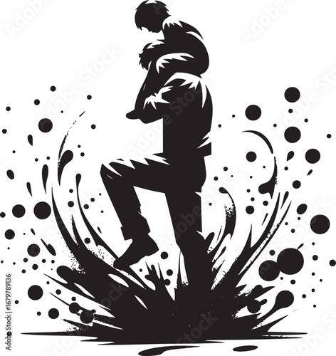 Silhouette of a father carrying his child on his shoulders with a splash effect design