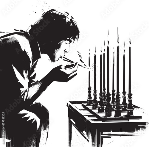 Monochrome sumi-e style illustration: A man thoughtfully extingu