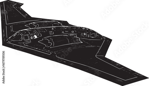 Stealth bomber illustration in woodcut style, highly detailed an