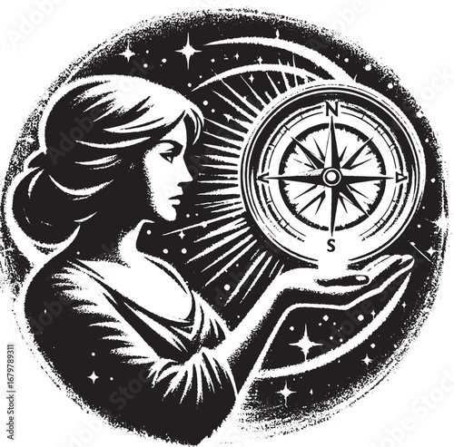Illustration of a woman holding a compass, navigating with guidance and direction