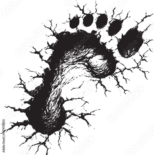 A striking graphic illustration of a bear footprint breaking through a textured surface