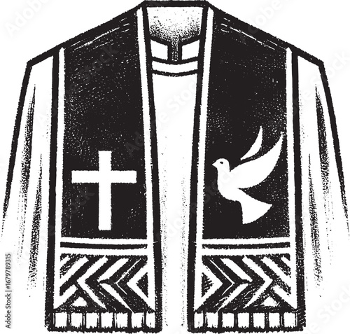 Religious vestment illustration featuring a cross, dove, and decorative patterns in black and white