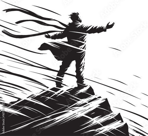 Monochrome sumi-e of a windswept man standing on a hilltop again