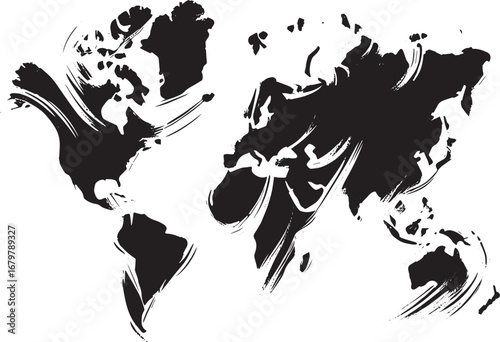 Abstract world map illustration with expressive brushstrokes and