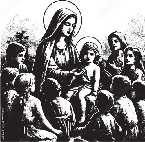 A Black and White Illustration of the Virgin Mary and Child Surrounded by Children