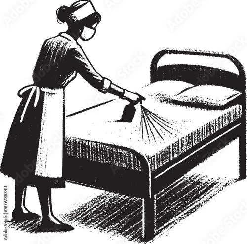 Vintage Illustration of a Nurse Making a Bed in a Hospital Room with a Mask and Apron