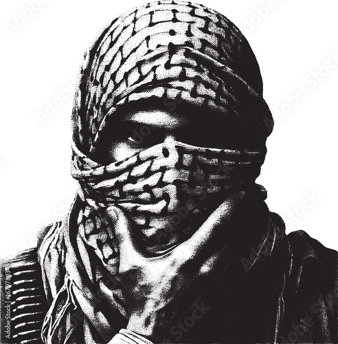 Artistic black and white portrait of a person wearing a headscarf covering face and mouth