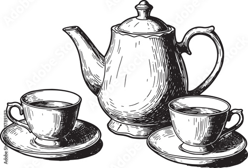 Elegant Tea Service: Hand-Drawn Woodcut of Teapot and Cups in Bl