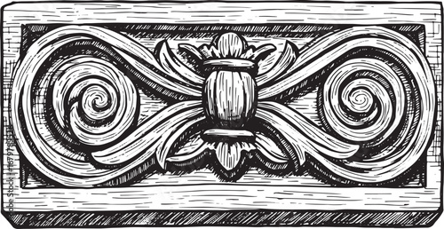Elaborate woodcut drawing featuring floral and spiral elements,