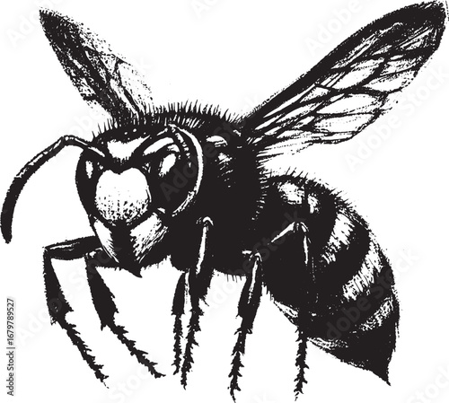 Detailed Black and White Illustration of a Bee Showing Fine Textures and Anatomical Features
